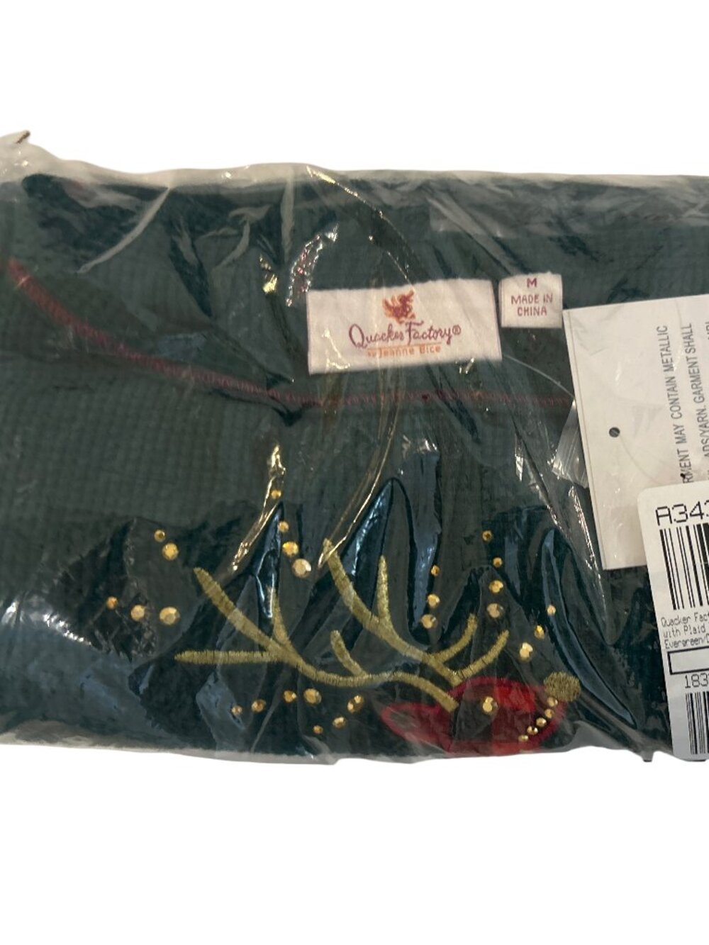 NIP Quacker Factory Waffle Knit Top Plaid Reindeer Studs Evergreen Deer M